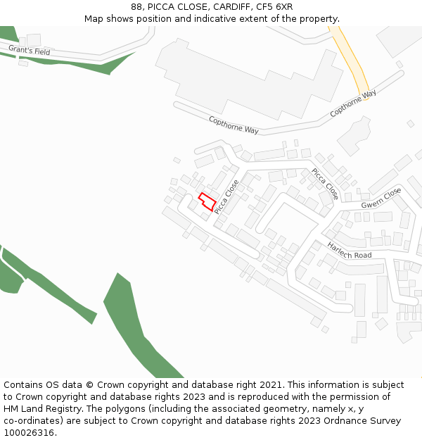 88, PICCA CLOSE, CARDIFF, CF5 6XR: Location map and indicative extent of plot