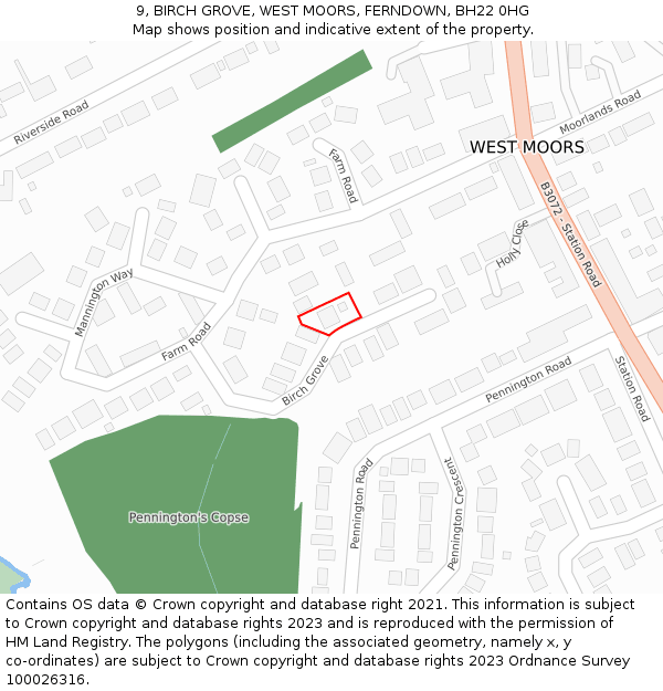 9, BIRCH GROVE, WEST MOORS, FERNDOWN, BH22 0HG: Location map and indicative extent of plot