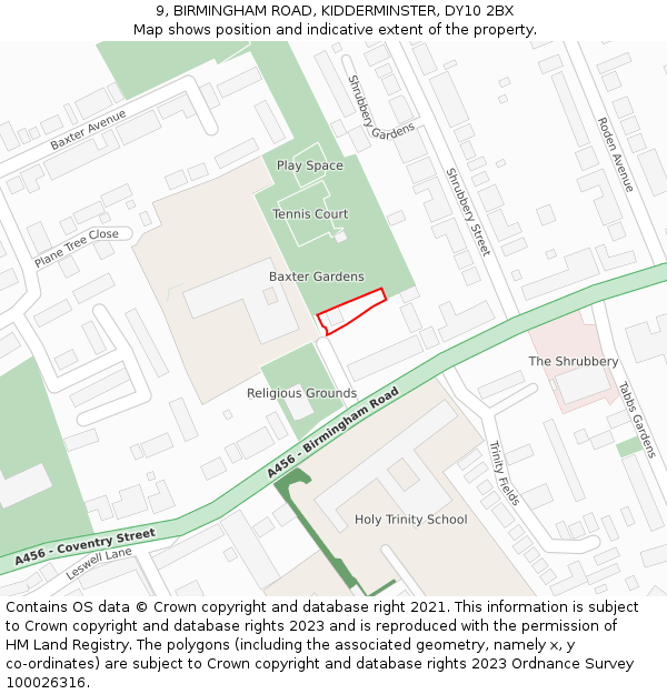 9, BIRMINGHAM ROAD, KIDDERMINSTER, DY10 2BX: Location map and indicative extent of plot