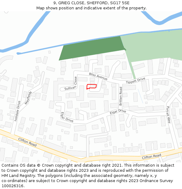 9, GRIEG CLOSE, SHEFFORD, SG17 5SE: Location map and indicative extent of plot