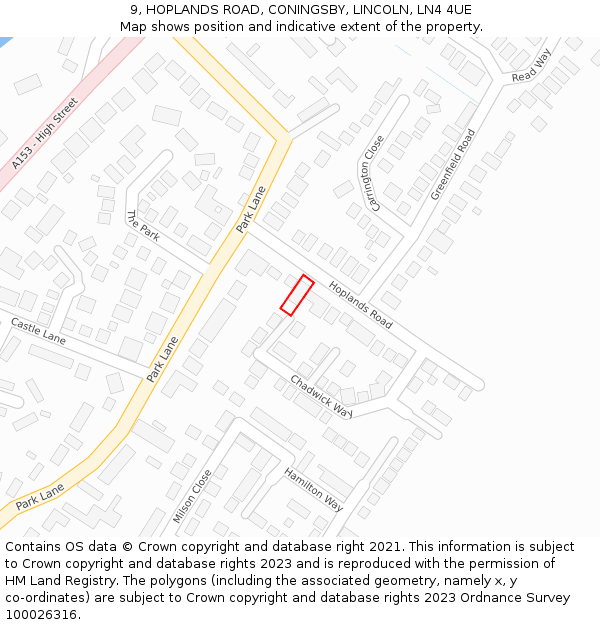 9, HOPLANDS ROAD, CONINGSBY, LINCOLN, LN4 4UE: Location map and indicative extent of plot