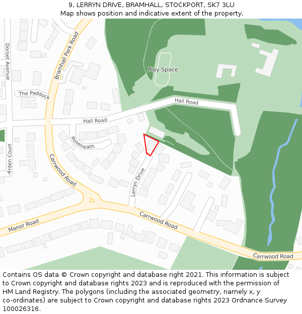 9, LERRYN DRIVE, BRAMHALL, STOCKPORT, SK7 3LU: Location map and indicative extent of plot