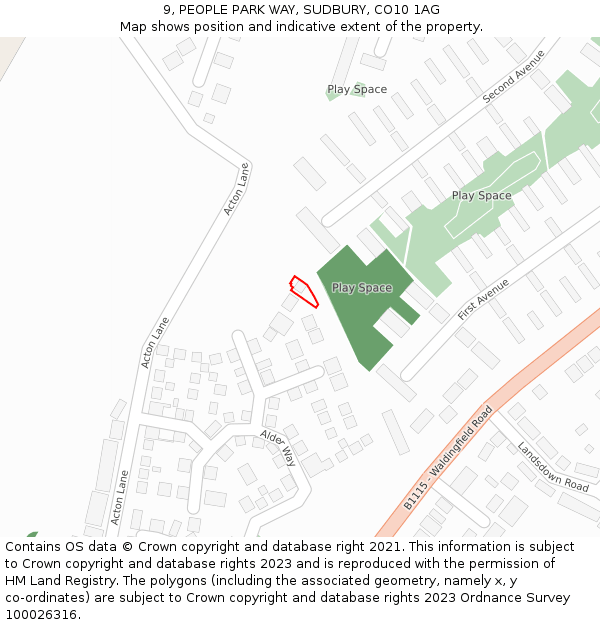 9, PEOPLE PARK WAY, SUDBURY, CO10 1AG: Location map and indicative extent of plot