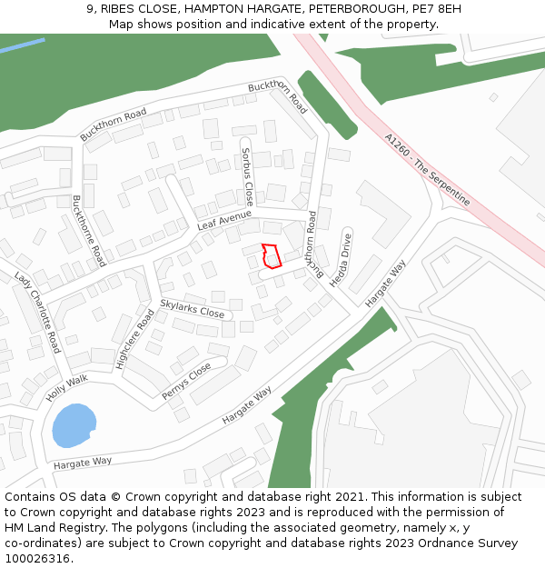 9, RIBES CLOSE, HAMPTON HARGATE, PETERBOROUGH, PE7 8EH: Location map and indicative extent of plot