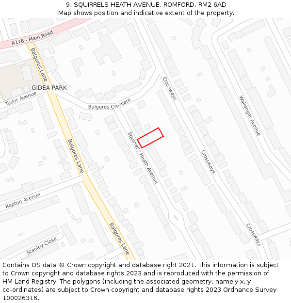 9, SQUIRRELS HEATH AVENUE, ROMFORD, RM2 6AD: Location map and indicative extent of plot