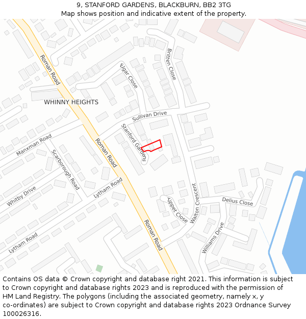 9, STANFORD GARDENS, BLACKBURN, BB2 3TG: Location map and indicative extent of plot