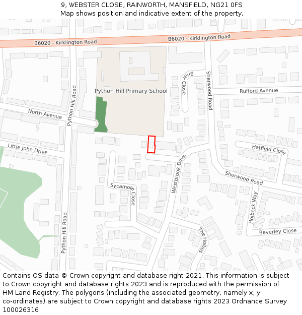 9, WEBSTER CLOSE, RAINWORTH, MANSFIELD, NG21 0FS: Location map and indicative extent of plot