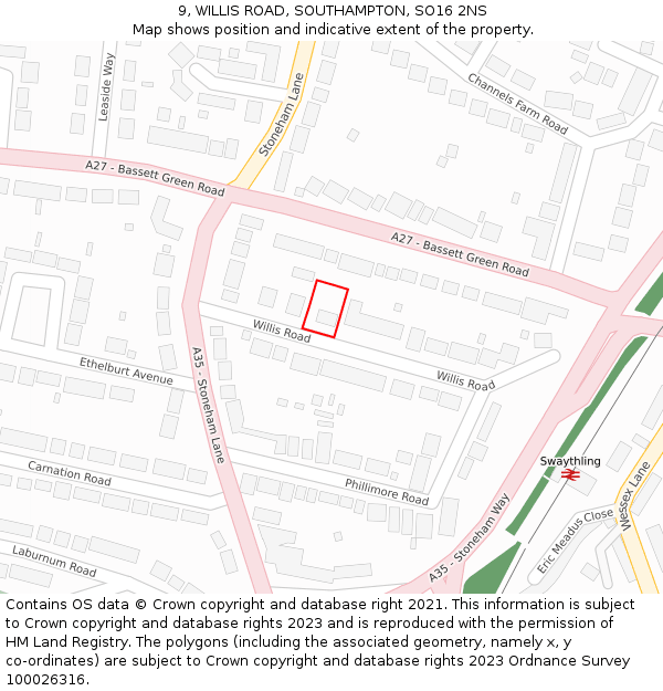 9, WILLIS ROAD, SOUTHAMPTON, SO16 2NS: Location map and indicative extent of plot