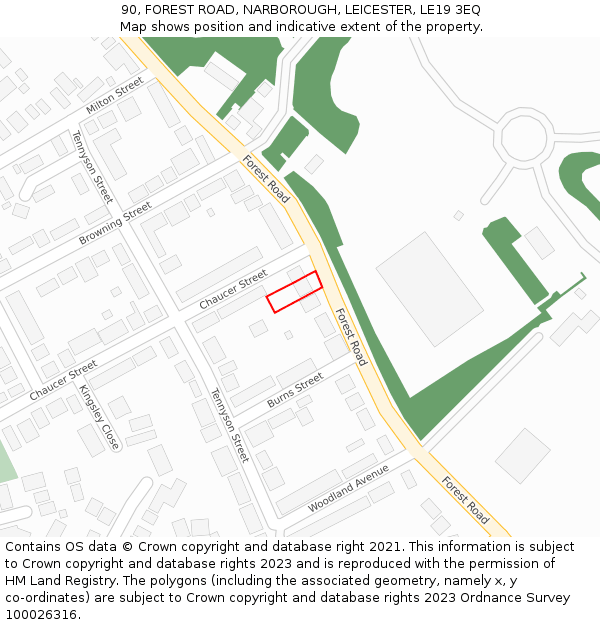 90, FOREST ROAD, NARBOROUGH, LEICESTER, LE19 3EQ: Location map and indicative extent of plot