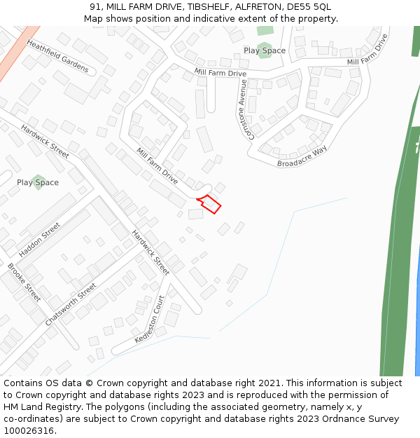 91, MILL FARM DRIVE, TIBSHELF, ALFRETON, DE55 5QL: Location map and indicative extent of plot