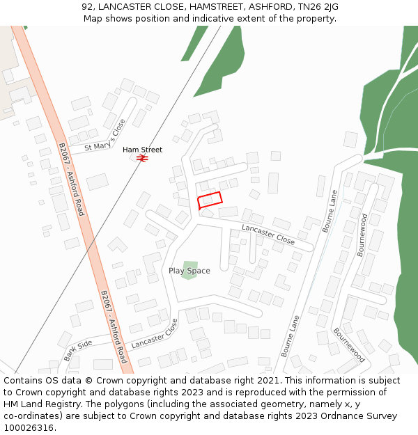 92, LANCASTER CLOSE, HAMSTREET, ASHFORD, TN26 2JG: Location map and indicative extent of plot