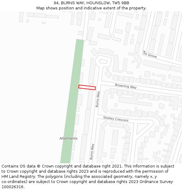 94, BURNS WAY, HOUNSLOW, TW5 9BB: Location map and indicative extent of plot