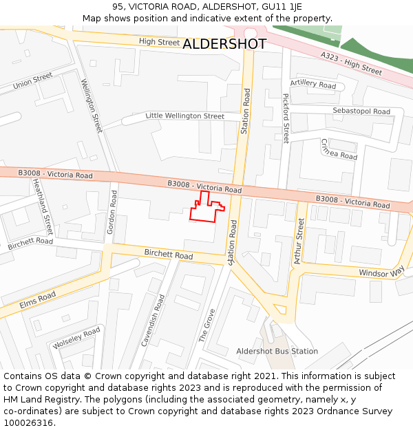 95, VICTORIA ROAD, ALDERSHOT, GU11 1JE: Location map and indicative extent of plot