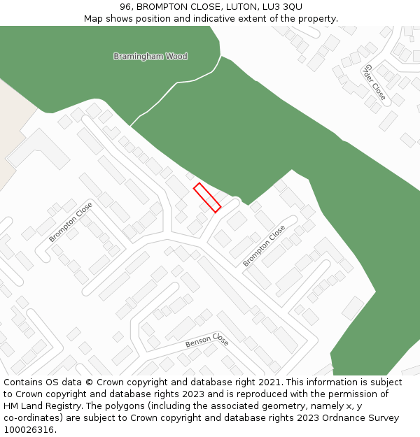 96, BROMPTON CLOSE, LUTON, LU3 3QU: Location map and indicative extent of plot