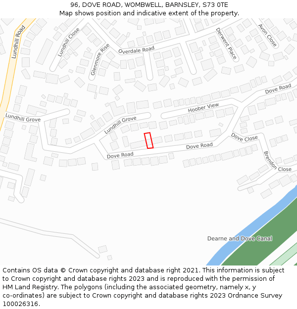 96, DOVE ROAD, WOMBWELL, BARNSLEY, S73 0TE: Location map and indicative extent of plot