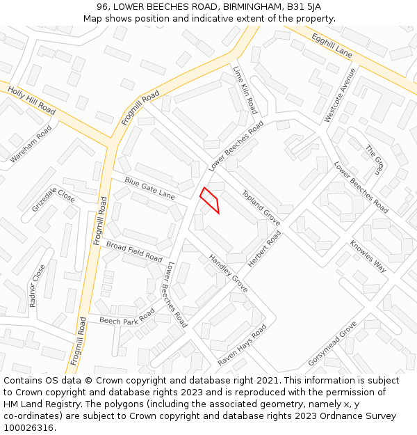 96, LOWER BEECHES ROAD, BIRMINGHAM, B31 5JA: Location map and indicative extent of plot