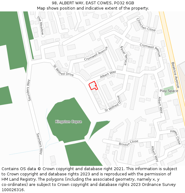 98, ALBERT WAY, EAST COWES, PO32 6GB: Location map and indicative extent of plot