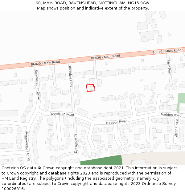 98, MAIN ROAD, RAVENSHEAD, NOTTINGHAM, NG15 9GW: Location map and indicative extent of plot