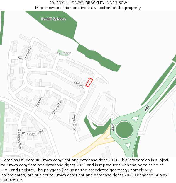 99, FOXHILLS WAY, BRACKLEY, NN13 6QW: Location map and indicative extent of plot