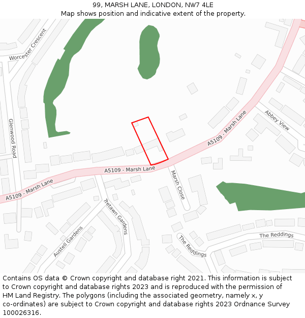 99, MARSH LANE, LONDON, NW7 4LE: Location map and indicative extent of plot