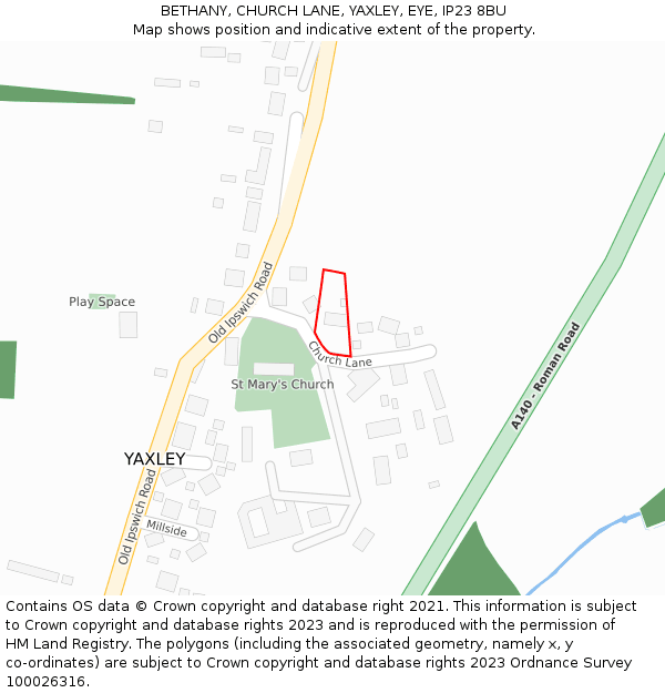 BETHANY, CHURCH LANE, YAXLEY, EYE, IP23 8BU: Location map and indicative extent of plot