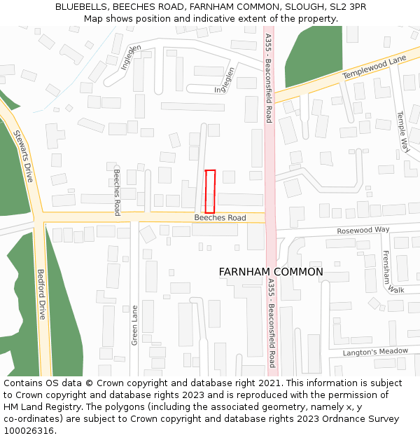 BLUEBELLS, BEECHES ROAD, FARNHAM COMMON, SLOUGH, SL2 3PR: Location map and indicative extent of plot