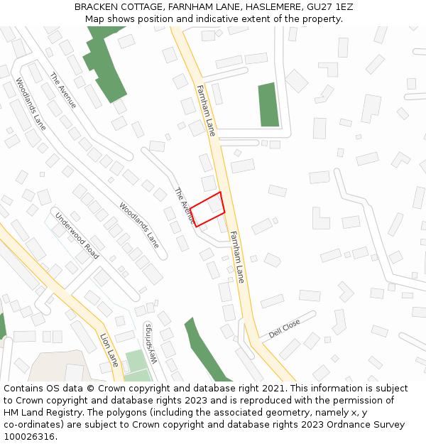 BRACKEN COTTAGE, FARNHAM LANE, HASLEMERE, GU27 1EZ: Location map and indicative extent of plot