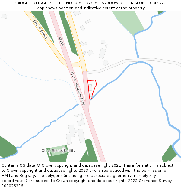 BRIDGE COTTAGE, SOUTHEND ROAD, GREAT BADDOW, CHELMSFORD, CM2 7AD: Location map and indicative extent of plot