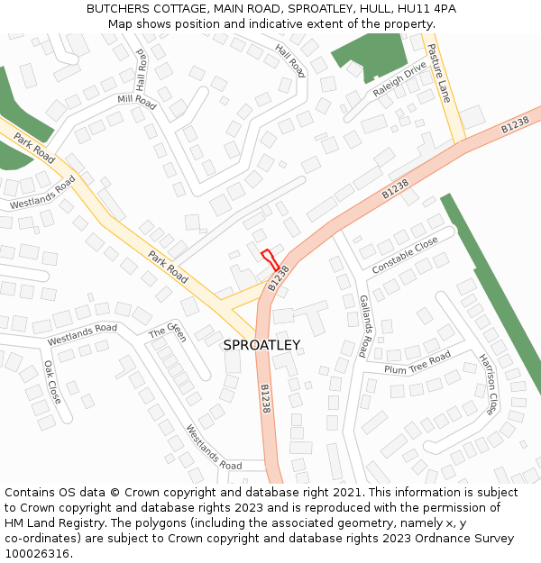 BUTCHERS COTTAGE, MAIN ROAD, SPROATLEY, HULL, HU11 4PA: Location map and indicative extent of plot