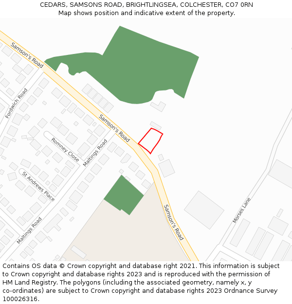 CEDARS, SAMSONS ROAD, BRIGHTLINGSEA, COLCHESTER, CO7 0RN: Location map and indicative extent of plot