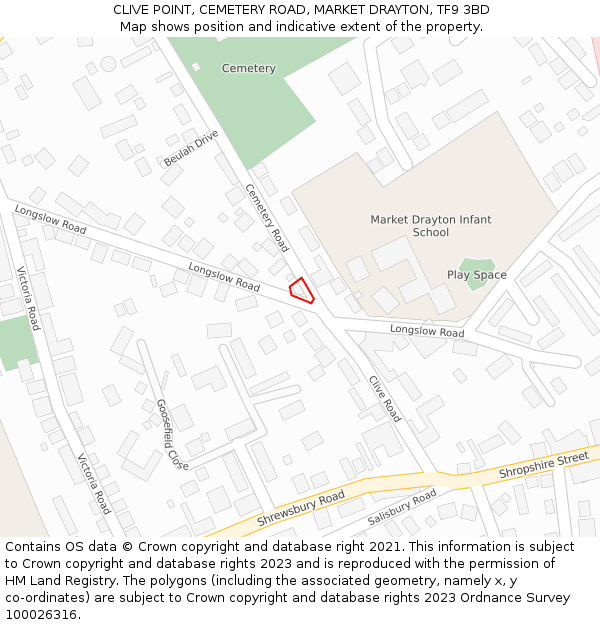 CLIVE POINT, CEMETERY ROAD, MARKET DRAYTON, TF9 3BD: Location map and indicative extent of plot