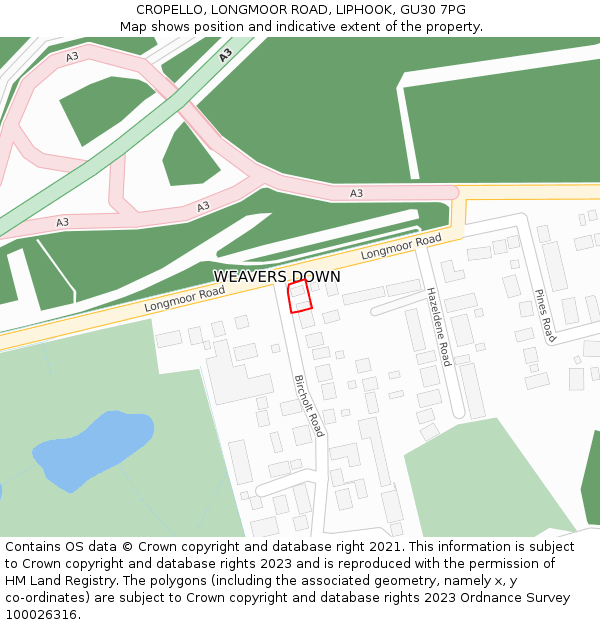 CROPELLO, LONGMOOR ROAD, LIPHOOK, GU30 7PG: Location map and indicative extent of plot