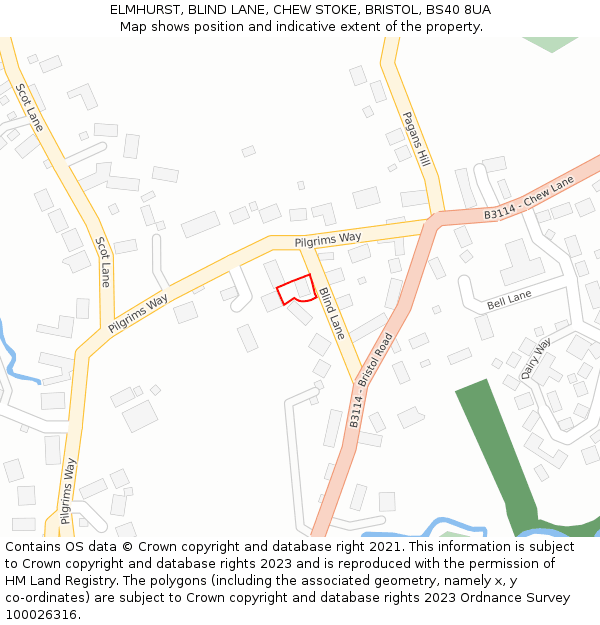 ELMHURST, BLIND LANE, CHEW STOKE, BRISTOL, BS40 8UA: Location map and indicative extent of plot