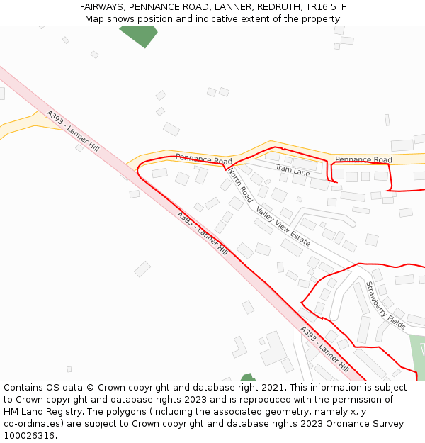 FAIRWAYS, PENNANCE ROAD, LANNER, REDRUTH, TR16 5TF: Location map and indicative extent of plot