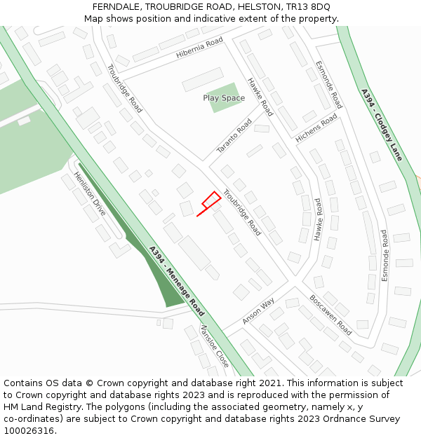 FERNDALE, TROUBRIDGE ROAD, HELSTON, TR13 8DQ: Location map and indicative extent of plot