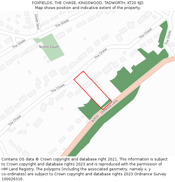 FOXFIELDS, THE CHASE, KINGSWOOD, TADWORTH, KT20 6JD: Location map and indicative extent of plot