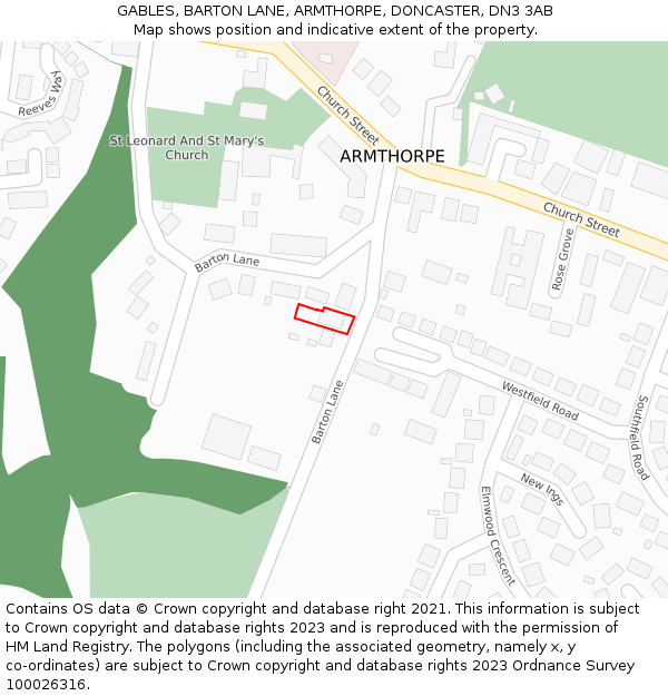 GABLES, BARTON LANE, ARMTHORPE, DONCASTER, DN3 3AB: Location map and indicative extent of plot