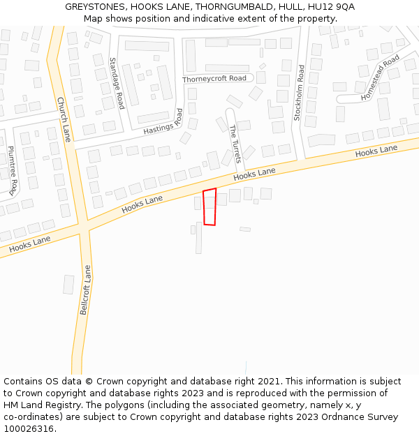 GREYSTONES, HOOKS LANE, THORNGUMBALD, HULL, HU12 9QA: Location map and indicative extent of plot