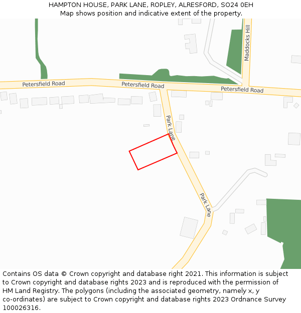 HAMPTON HOUSE, PARK LANE, ROPLEY, ALRESFORD, SO24 0EH: Location map and indicative extent of plot