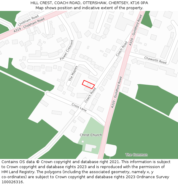 HILL CREST, COACH ROAD, OTTERSHAW, CHERTSEY, KT16 0PA: Location map and indicative extent of plot