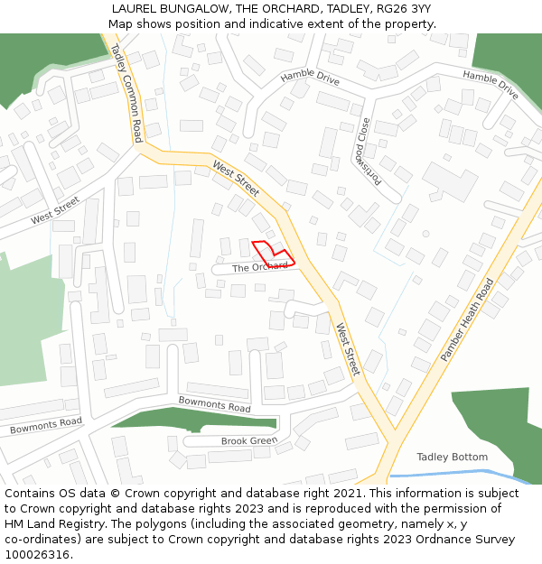 LAUREL BUNGALOW, THE ORCHARD, TADLEY, RG26 3YY: Location map and indicative extent of plot