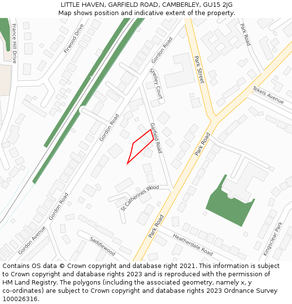 LITTLE HAVEN, GARFIELD ROAD, CAMBERLEY, GU15 2JG: Location map and indicative extent of plot