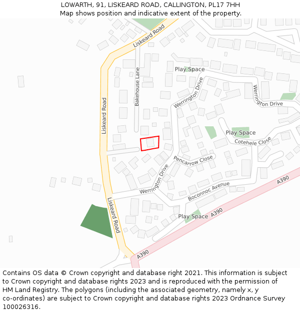 LOWARTH, 91, LISKEARD ROAD, CALLINGTON, PL17 7HH: Location map and indicative extent of plot