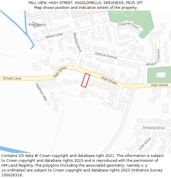 MILL VIEW, HIGH STREET, INGOLDMELLS, SKEGNESS, PE25 1PT: Location map and indicative extent of plot