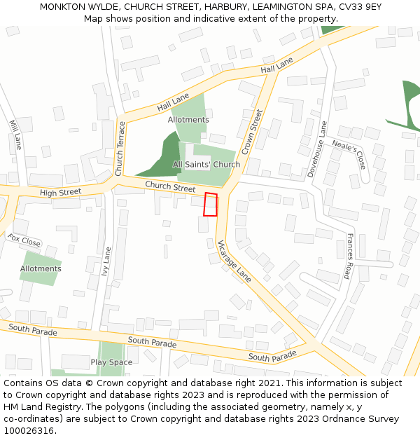 MONKTON WYLDE, CHURCH STREET, HARBURY, LEAMINGTON SPA, CV33 9EY: Location map and indicative extent of plot