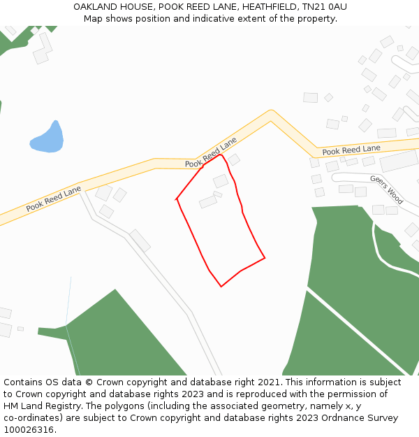 OAKLAND HOUSE, POOK REED LANE, HEATHFIELD, TN21 0AU: Location map and indicative extent of plot