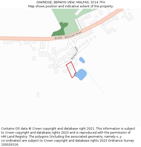 OAKRIDGE, BERWYN VIEW, MALPAS, SY14 7FH: Location map and indicative extent of plot