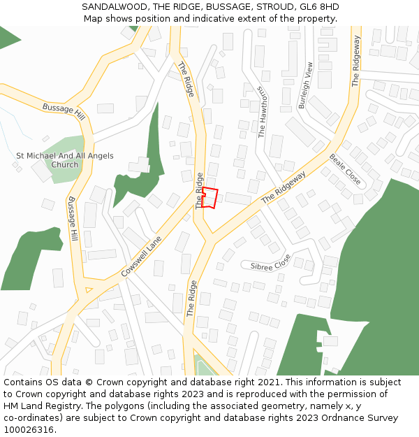 SANDALWOOD, THE RIDGE, BUSSAGE, STROUD, GL6 8HD: Location map and indicative extent of plot