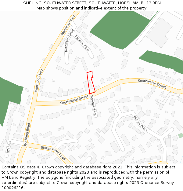 SHEILING, SOUTHWATER STREET, SOUTHWATER, HORSHAM, RH13 9BN: Location map and indicative extent of plot