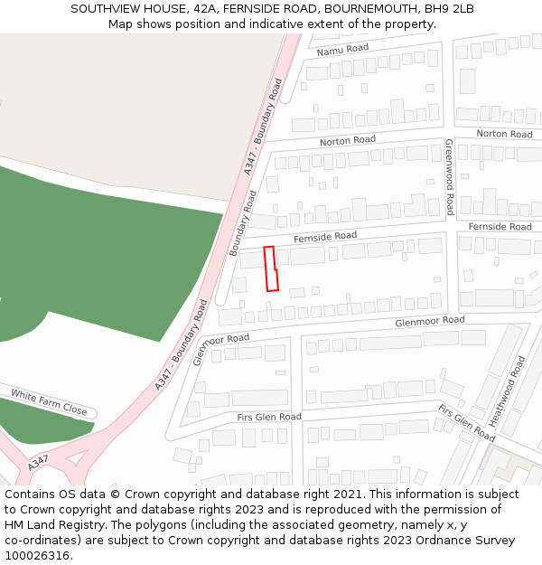 SOUTHVIEW HOUSE, 42A, FERNSIDE ROAD, BOURNEMOUTH, BH9 2LB: Location map and indicative extent of plot